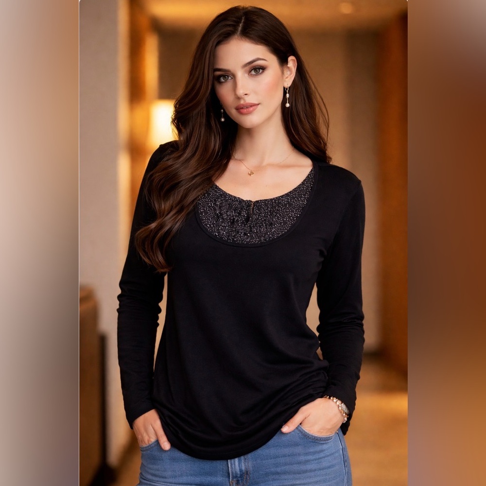 Addition Elle Black Blouse with Patterned Neckline
